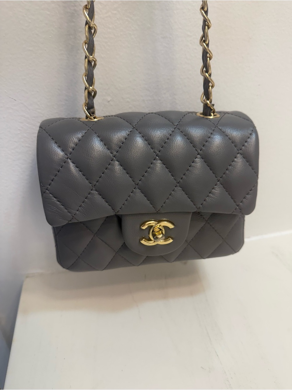 CHANEL Grey Quilted Mini Flap Bag with Gold Hardware